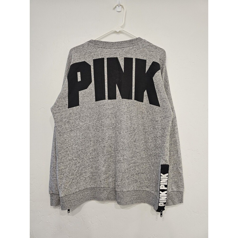 Victorias Secret PINK Sweatshirt Women's Medium Gray Fleece Logo Script Pullover - Picture 3 of 6